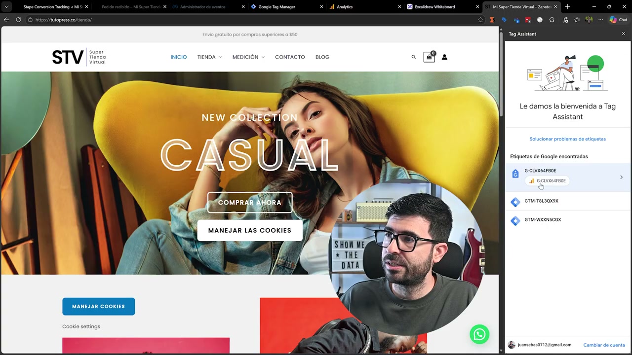 Google Tag Assistant detectando una propiedad de GA4 y dos contenedores de Google Tag Manager cargados a la vez en el sitio
