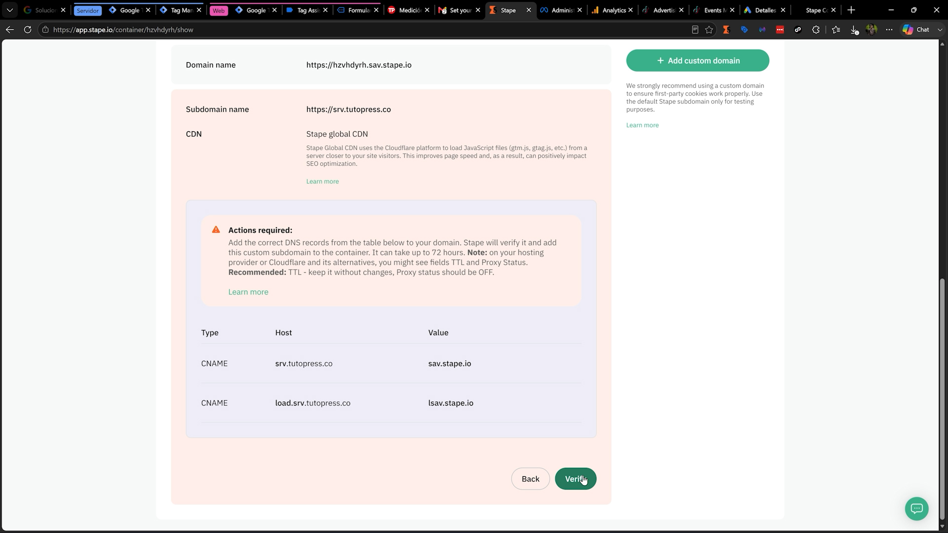 Configuracion del subdominio personalizado del servidor en Stape