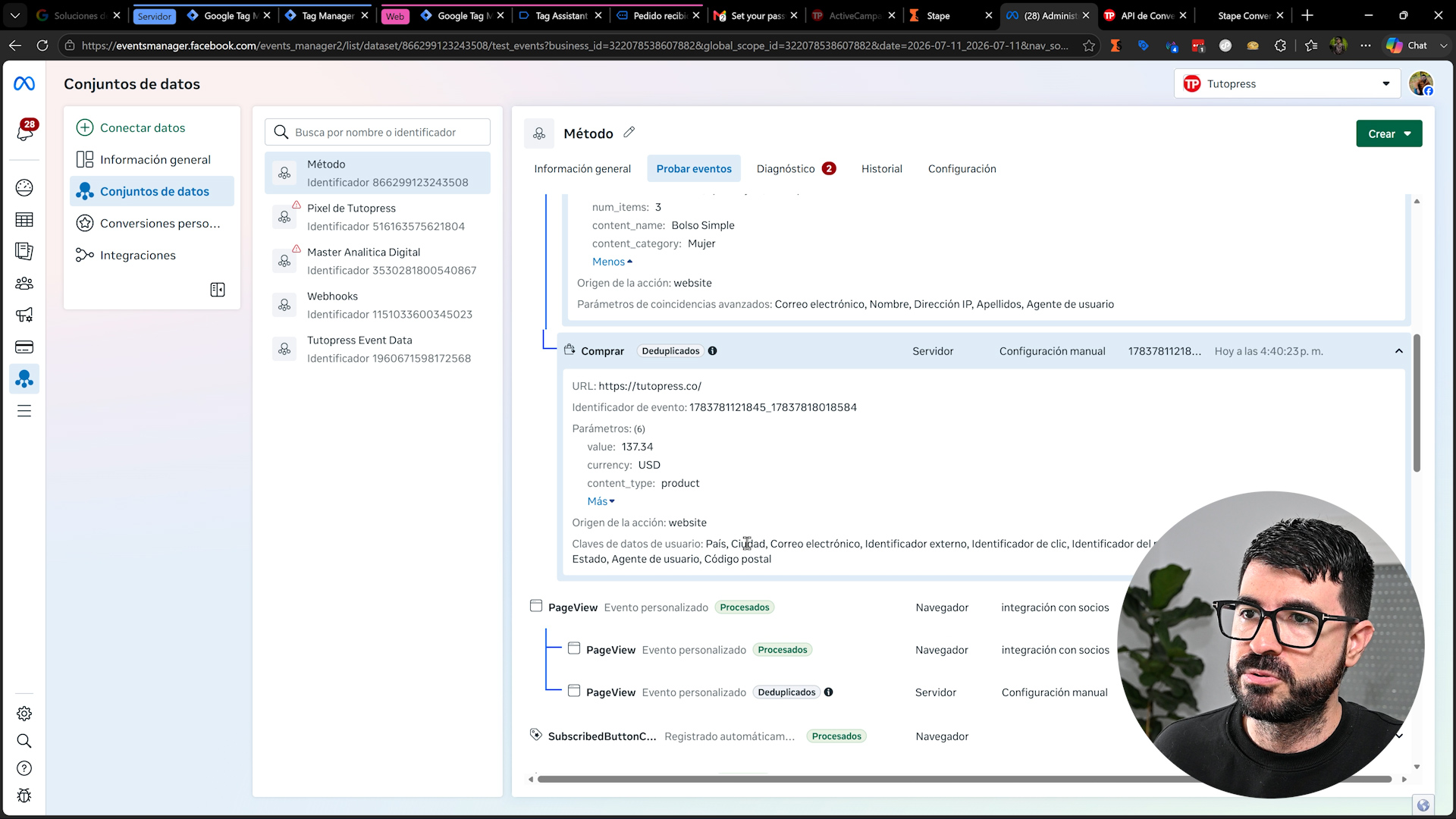 Evento de compra con informacion de usuario enviada por la API de Conversiones de Meta