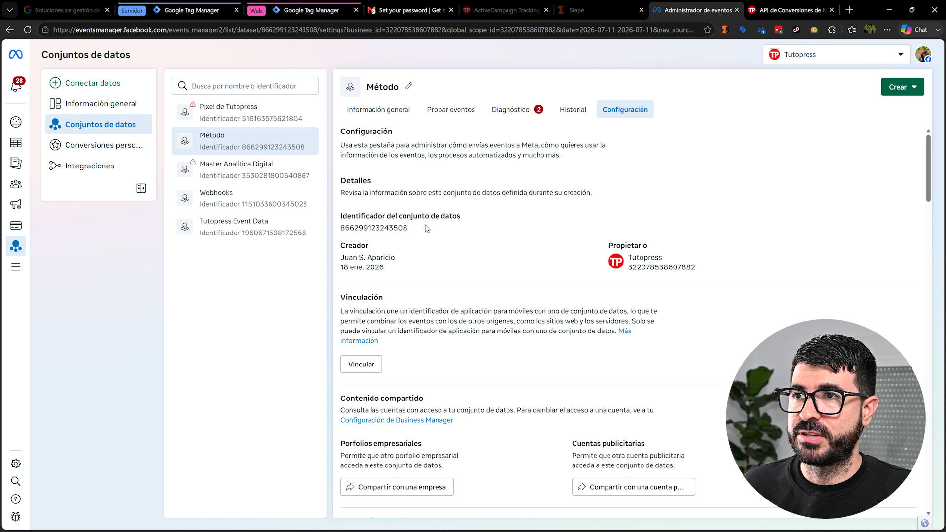 Identificador del conjunto de datos o pixel ID en el Administrador de Eventos de Meta