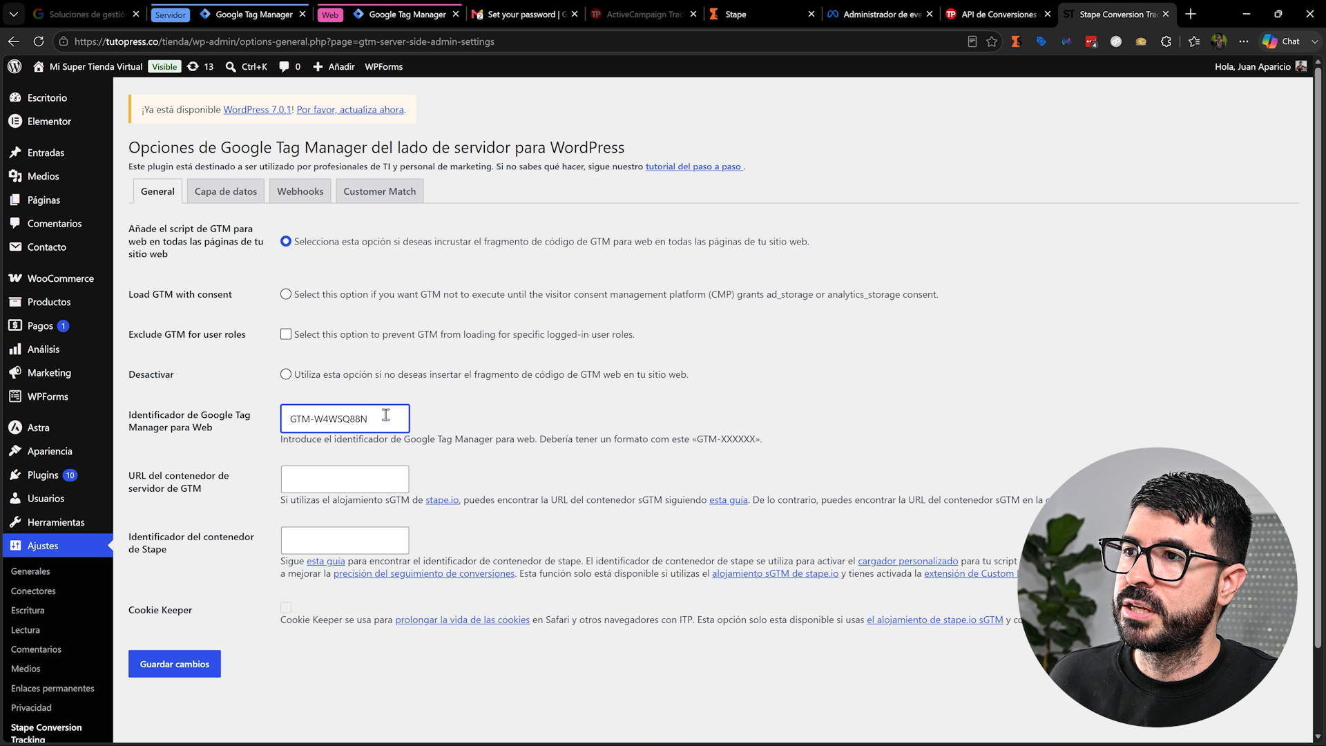 Plugin de Stape en WordPress con el identificador de Google Tag Manager