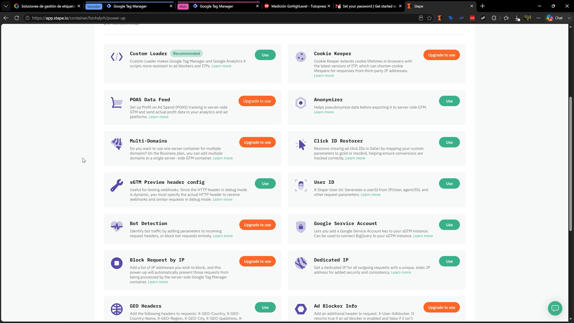 Power-ups de Stape User ID, Geo Headers y User Agent para mejorar la calidad del evento