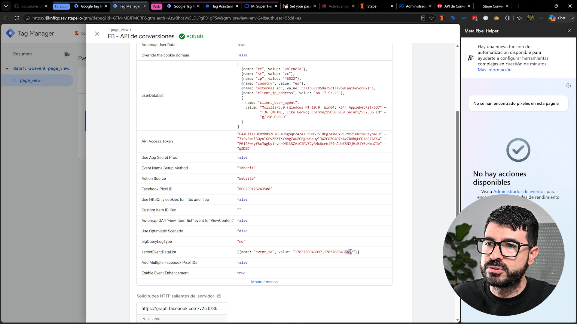 Vista previa del servidor con el mismo identificador de evento para la deduplicacion