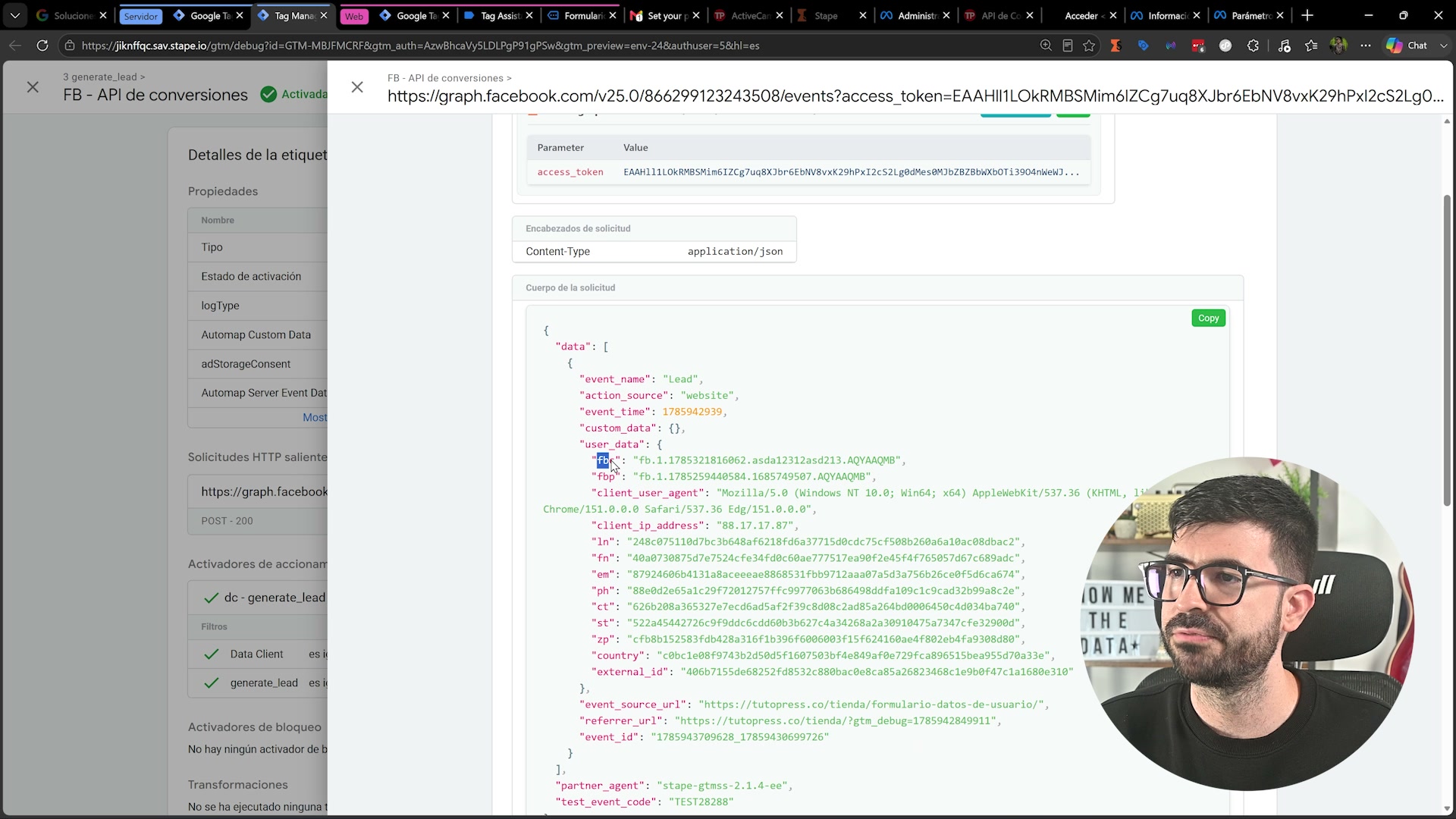 Cuerpo de la solicitud del API de conversiones con los parametros de usuario hasheados enviados por Stape a Meta