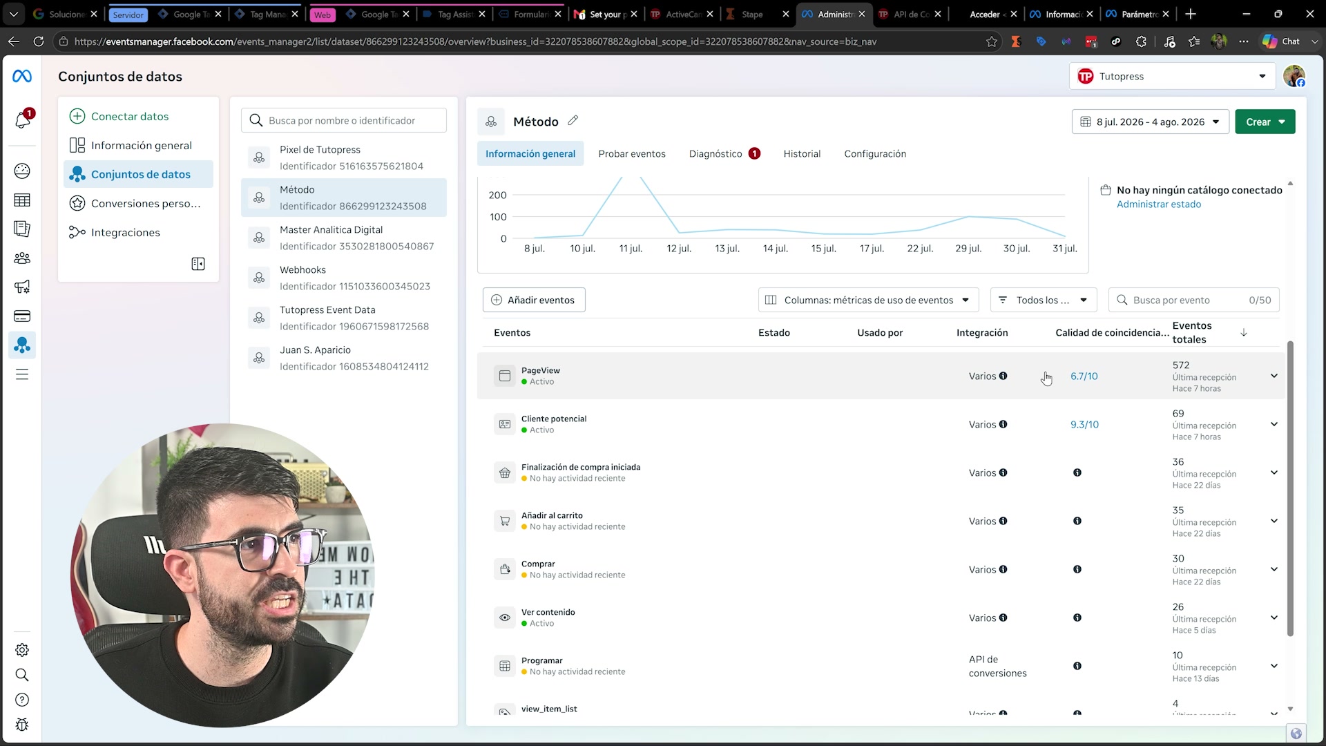 Administrador de eventos de Meta mostrando la calidad de coincidencia: PageView 6.7 de 10 y Cliente potencial 9.3 de 10