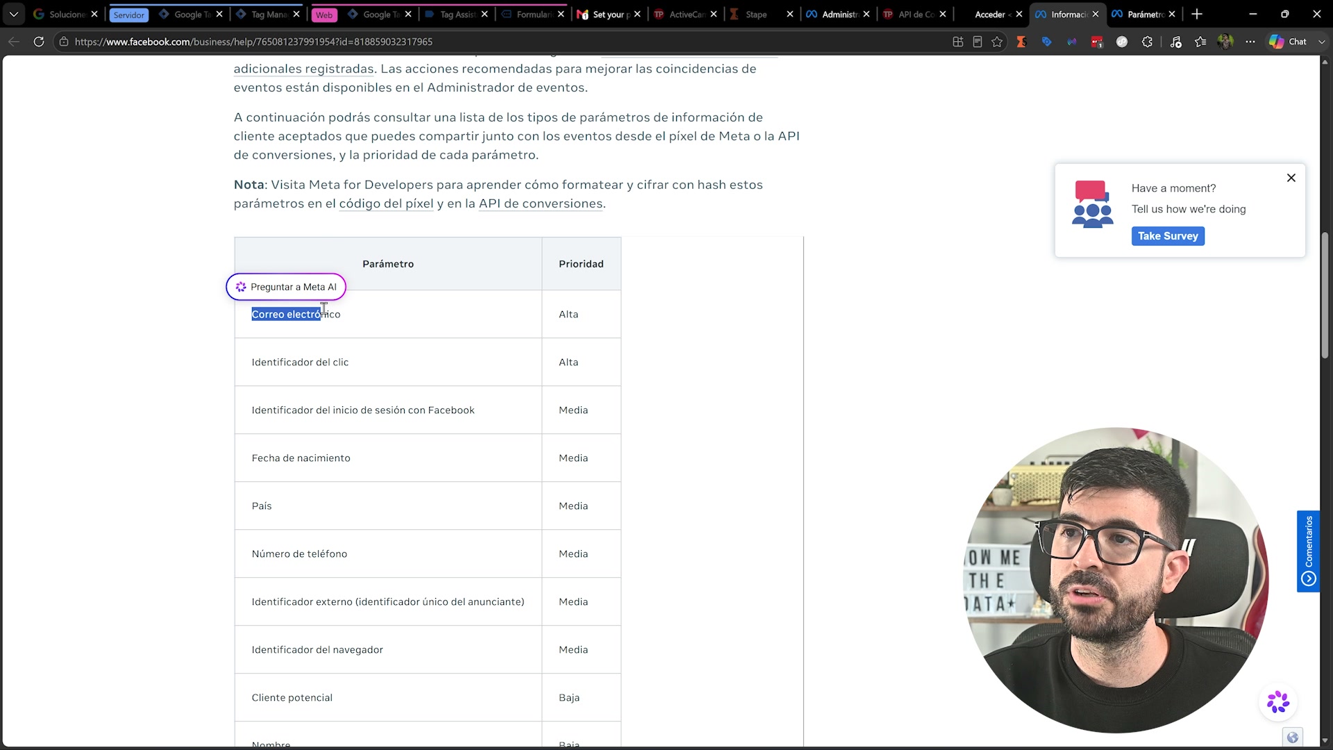 Documentación de Meta con la prioridad alta, media y baja de los parametros de información del cliente