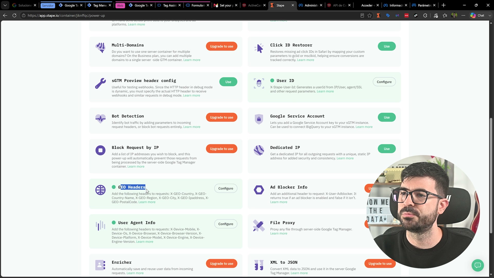 Power-ups de Stape que añaden geolocalización (geo headers) e información del agente de usuario a partir de la IP
